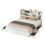 Lit - blanc - 180 x 200 cm - tête de lit pliable - 4 tiroirs de rangement - style contemporain Lit - blanc - 180 x 200 cm - tête de lit pliable - 4 tiroirs de rangement - style contemporain