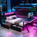 Lit plateforme - lit plateforme gaming 140 x 200 cm - t�te de lit led r�glable - bureau led int�gr� - ...