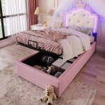 Lit enfant rose - 90x200 cm - lit coffre princesse - pu - t�te de lit couronne - �clairage led multicolore ...