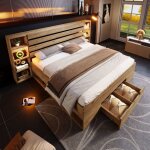 Lit avec rangement 180x200 cm lit double avec t�te de lit led et usb c bois massif sans matelas ch�ne ...