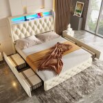 Lit rembourr� 140 x 190 cm avec quatre tiroirs �clairage led et ports usb lit double t�te de lit avec ...