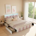 Lit rembourr� 140x190 avec 4 tiroirs - led rgb & prise usb - t�te de lit avec rangement - lit 2 personnes ...