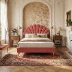 Lit rembourr� 140x200cm - t�te de lit forme fleur - pieds en m�tal dor� - sommier � lattes inclus - style ...