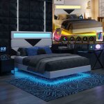 Lit rembourr� 160x200cm - ambiance - t�te de lit g�om�trique led - 2 usb - �clairage sous le lit - design ...