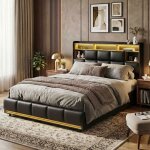 Lit rembourr� 160x200cm - led rgb t�te et pied & charge usb - rangement hydraulique - simili cuir noir ...