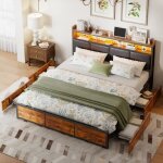 Lit - r�tro - 160 x 200 cm - t�te de lit pu avec lumi�re led - 4 tiroirs de rangement - m�tal noir / ...