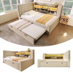 Lit rembourr� 90 / 180x200 cm lit double avec lit gigogne 90x190 �clairage led rangement ports usb t�te ...