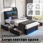 Lit rembourr� 90x190 cm avec port usb (charge sans fil et c�bl�e) avec �clairage led et quatre tiroirs ...