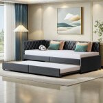 Lit double - canap� - lit gigogne - 2 x 90x200 cm - tissu velours gris - sommier � lattes