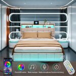 Lit rembourr� - ambiance - 140 x 200 cm - led - t�te de lit avec port usb et type c - 4 tiroirs