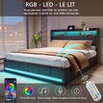 Lit rembourr� - ambiance - 140 x 200 cm - lumi�re led - structure de lit avec port de usb et type c - ...