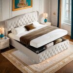 Lit rembourr - ambiance - 140 x 200 cm - en velours - sommier  lattes - coffre de rangement - tte ...