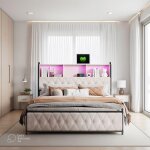 Lit rembourr - ambiance - 140x200cm - sommier  lattes - avec tte de lit - lumieuse led - coffre de ...