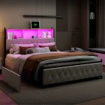 Lit rembourr - ambiance - 160x200cm - sommier  lattes - avec tte de lit - lumieuse led - coffre de ...