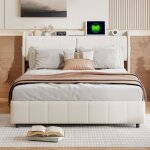 Lit rembourr� - blanc - 160x200 cm - t�te de lit en cuir pu - 4 tiroirs - usb int�gr�