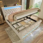 Lit rembourr� double 140x190 cm lit coffre lit capitonn� en velours avec �clairage led ports usb et sommier ...