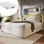 Lit rembourré - beige - 160 x 200 cm - coffre de rangement - usb type c - led intégré Lit rembourré - beige - 160 x 200 cm - coffre de rangement - usb type c - led intégré