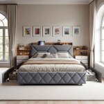 Lit rembourr� double 160x200 avec 4 tiroirs lit adulte capitonn� avec usb t�te de lit avec rangement ...