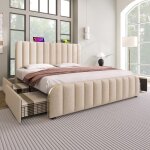 Lit rembourr� double - 180x200 cm - t�te de lit dor�e - ports usb type - c - 4 tiroirs de rangement