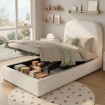 Lit rembourr� enfant - boucle (beige) - 90 x 200 cm - coffre � v�rin - t�te de lit 95 cm