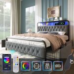 Lit rembourré avec fonction de recharge usb type c app - control led cadre de lit métallique 160×200cm ... Lit rembourré avec fonction de recharge usb type c app - control led cadre de lit métallique 160×200cm ...