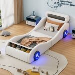 Lit rembourr� en forme de voiture - 90x200 cm - blanc - roues lumineuses - espace de rangement - pu - ...