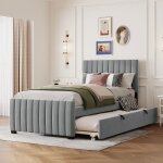 Lit rembourr� avec lit gigogne - 90x190 cm - gris - tissu velours doux - lit gigogne 190x90 cm - solide ...