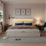 Lit rembourr� led - 140x190 cm - coffre de rangement - t�te de lit haute - rev�tement pu blanc