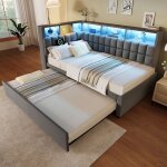 Lit rembourr� en lin 90x200 avec lit gigogne 90x190led haut - parleurs bluetooth port de chargement usb ...