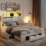 Lit rembourr� - moderne - 160 x 200 cm - velours beige - tiroirs de rangement - ports usb et prises int�gr�s ...