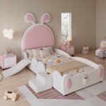 Lit rembourr� lit simple avec petit escalier et toboggan pour enfants t�te de lit avec oreilles de lapin ...