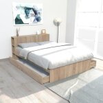 Lit riga 140x190cm + t�te de lit + 2 tiroirs / d�cor ch�ne blanchi