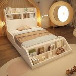 Lit simple 90x200 bois lit enfant / adolescent �tag�res veilleuses �tag�re amovible sommier � lattes ...