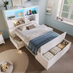 Lit simple 90x200 cm blanc avec rangements led bluetooth ports usb - c tiroirs banc coffre �tag�res et ...