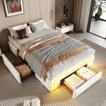 Lit simple 90x200 cm cadre de lit avec tiroirs lit en similicuir sans t�te de lit led sommier � lattes ...