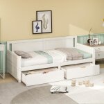 Lit en bois massif - blanc - 90x200 cm - canapé - lit - 2 tiroirs de rangement - 1 place Lit en bois massif - blanc - 90x200 cm - canapé - lit - 2 tiroirs de rangement - 1 place