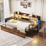 Lit simple 90x200 cm combin� avec bureau pliant led prise 2 tiroirs de rangement - en bois marron