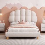 Lit simple 90x200 cm lit enfant lit ado lit capitonn� blanc sommier � lattes en bois imitation polaire ...