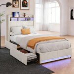 Lit simple 90x200 cm avec sommier - lit avec led et usb - lit coffre avec 2 tiroirs de rangement - cadre ...
