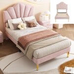 Lit simple 90x200 cm avec en velours forme de coquille tête de lit réglable en hauteurlit enfant sommier ... Lit simple 90x200 cm avec en velours forme de coquille tête de lit réglable en hauteurlit enfant sommier ...