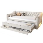 Lit simple beige 90x200cm banquette - lit rembourr�e led lit gigogne 3 tiroirs rangement multifonctionnel ...