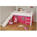 Lit simple blanc 90x200 en hauteur avec echelle et rideau et toboggan fuchsia