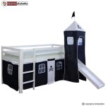 Lit simple blanc 90x200 en hauteur avec echelle rideau et tour pirate et toboggan Lit simple blanc 90x200 en hauteur avec echelle rideau et tour pirate et toboggan