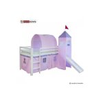 Lit simple blanc 90x200 en hauteur avec echelle rideau tour tunnel rose et toboggan