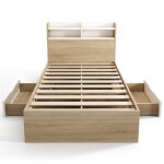 Lit simple blanc / ch�ne 90x190 avec �tag�re de t�te 2 tiroirs et compartiments ouverts rangement gain ...
