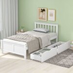 Lit simple en bois 90 x 200 cm pour jeune et adulte - avec tiroirs - structure en pin - blanc