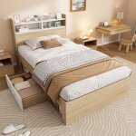 Lit simple en bois avec rangement - 90x190 cm - blanc / ch�ne - �tag�re de t�te de lit - 2 tiroirs - ...