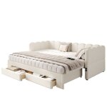 Lit simple canap� capitonn� 90x200cm extensible � 180cm lin beige 2 tiroirs de rangement port usb m�ridienne ...