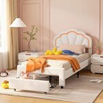 Lit simple capitonn� 90 x 200 cm avec 1 tiroir de rangement t�te de lit p�tale avec bande led rgb sommier ...