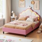 Lit simple capitonn� 90x200 - lit pour fille - lit princesse en velours - t�te de lit avec led - cadre ...